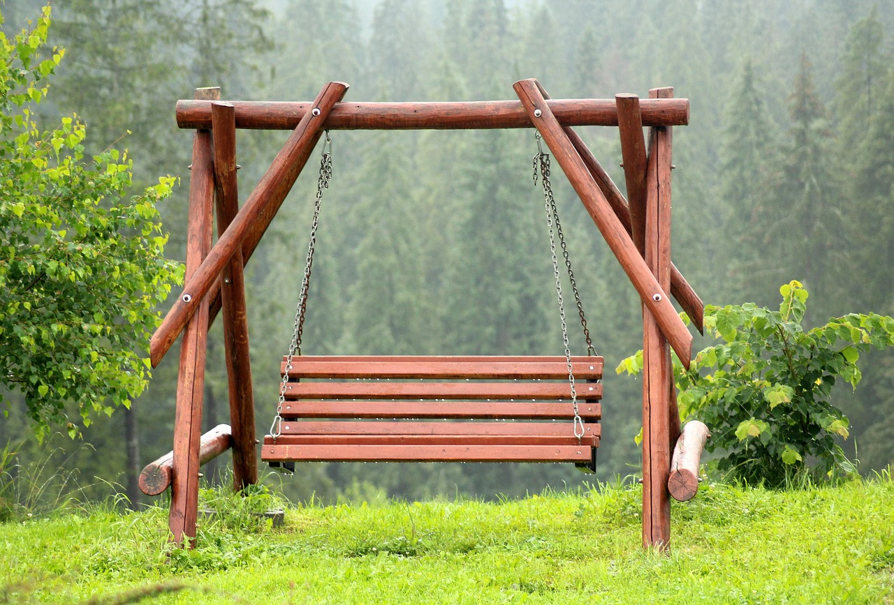 bench, swing, wooden swing