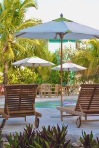 A serene poolside setting with chairs, umbrellas, and lush palm trees, perfect for a tropical getaway.